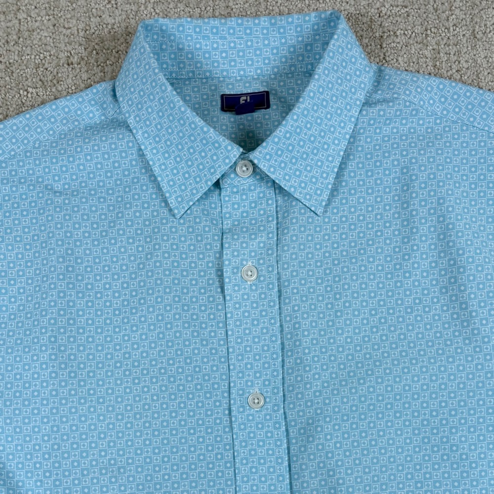 FootJoy Mens Medium Blue Geometric Stretch Short Sleeve Button Up Golf Shirt